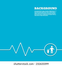 Medicine background. One-parent family with one child sign icon. Father with daughter symbol. Blue poster with white sign and cardiogram. Vector