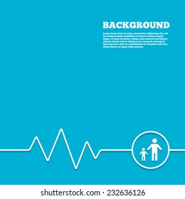 Medicine background. One-parent family with one child sign icon. Father with son symbol. Blue poster with white sign and cardiogram. Vector