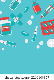Medicine background, pharmacy, hospital set of drugs, pills, syringe, hand sanitizer. Medication, pharmaceutics, illness, health concept. Vector illustration isolated on background