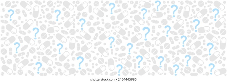  Medicine background with pills and Question mark. needed medicine and medication or cure concept. Good for textile fabric design, wrapping paper, website wallpapers, textile, Vector Illustration