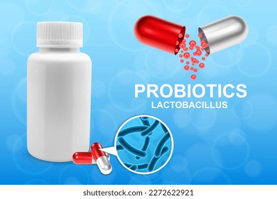 Medicine background. Science background. Probiotic background. Microbiome elements with medical pill. Half parts with probiotics granules. Human health background. EPS10 vector