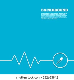 Medicine background. Syringe sign icon. Medicine symbol. Blue poster with white sign and cardiogram. Vector