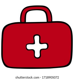 Bolsa de medicina roja. Maleta con artículos de primeros auxilios en un fondo blanco aislado. Ilustración vectorial. Estilo de caricatura. Temas médicos. Un diplomático con medicinas y apósitos. Ilustración del libro.