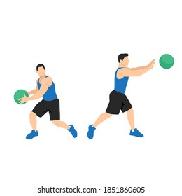 Medicine ball rotational passes exercise. Flat vector illustration isolated on white background. workout character set