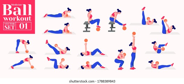 Medicine ball Workout Set. woman doing exercises with medicine ball. Lunges, Pushups, Squats, Dumbbell rows, Burpees, Side planks, Situps, Glute bridge, Leg Raise, Russian Twist, Side Crunch .etc