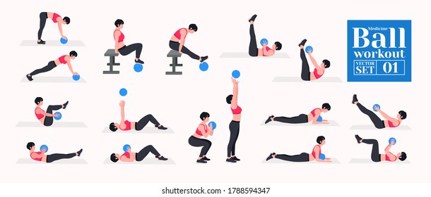 Medicine ball Workout Set. woman doing exercises with medicine ball. Lunges, Pushups, Squats, Dumbbell rows, Burpees, Side planks, Situps, Glute bridge, Leg Raise, Russian Twist, Side Crunch .etc