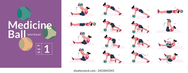 Medicine ball Workout Set. woman doing exercises with medicine ball. Plank, Leg Raise, Russian Twist, Side Crunch.etc