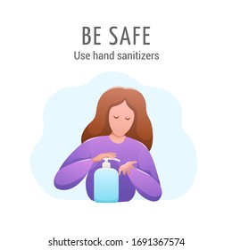Diseño plano de pancarta de medicina aislado. Prevención y protección de virus. La mujer usa un limpiador de manos. Descripción de Coronavirus.Ilustración vectorial.