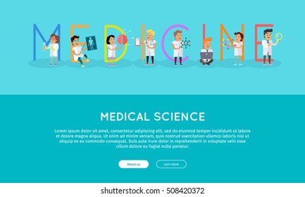 Medicine banner. Science alphabet. ABC vector with scientists at work. Simple colored letters and scientist character. Scientific research, medical lab, medical test, technology illustration in flat