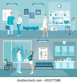 Medicine banners doctors and hospital interiors health service people in hospital vector illustration 