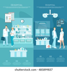 Medicine banners doctors and hospital interiors health service medical surgery operation room medicine staff vector illustration 