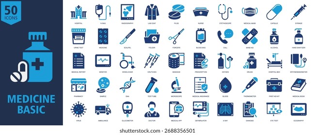 Medicine Basic Icon Set Glyph Duotone with hospital, iv bag, radiography, lab coat, pills, nurse, stethoscope, medical mask, capsule 
