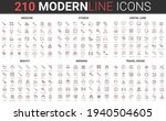Medicine, beauty wedding, travel vector illustration. 210 red black thin line icon set of bridal celebration symbols, sport activity or medical health care, makeup beauty treatment, traveling cruise