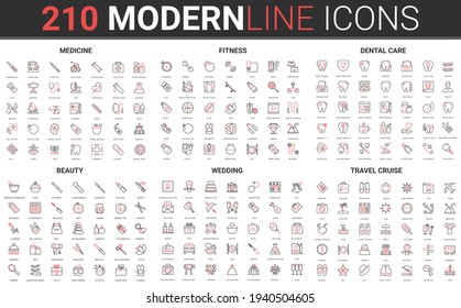 Medicine, beauty wedding, travel vector illustration. 210 red black thin line icon set of bridal celebration symbols, sport activity or medical health care, makeup beauty treatment, traveling cruise