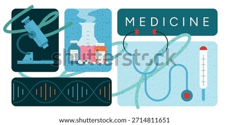 Medicine and Biotechnology concept set with Microscope, DNA Helix, Stethoscope, Thermometer, Lab Flasks, Medicine Bottles and Pills. Healthcare Science and Biotech Research. Flat Vector Illustration