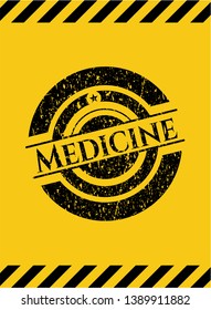 Medicine black grunge emblem inside yellow warning sign. Vector Illustration. Detailed.