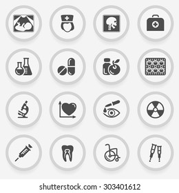 Medicine black icons on stickers. Flat design.