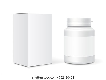 Medicine blank plastic bottle, cardboard packaging box. Realistic vector