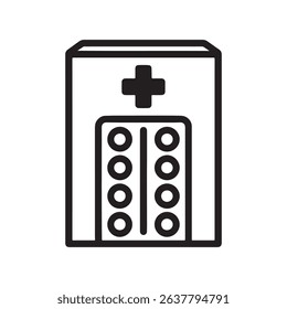 Medicine blister pack in a box with plus sign icon