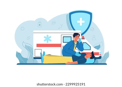 Medicine blue concept Ambulance with people scene in the flat cartoon style. An ambulance arrived on call to help the person. Vector illustration.