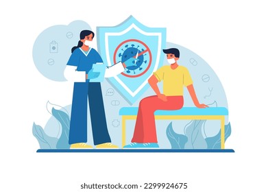 Medicine blue concept Covid with people scene in the flat cartoon design. The doctor vaccinates the patient against a terrible disease. Vector illustration.
