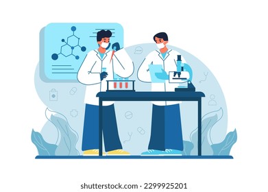 Medicine blue concept Hospital laboratory with people scene in the flat cartoon design. Hospitals research new drugs in a chemistry lab. Vector illustration.