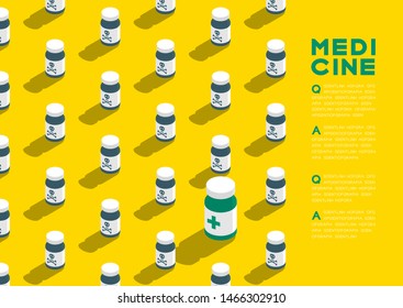 Medicine bottle 3D isometric pattern, Danger expired concept poster and banner horizontal design illustration isolated on yellow background with copy space, vector eps 10