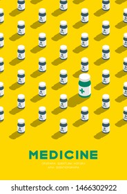 Medicine bottle 3D isometric pattern, Danger expired concept poster and banner vertical design illustration isolated on yellow background with copy space, vector eps 10