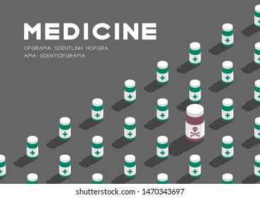 Medicine bottle 3D isometric pattern, Danger expired concept poster and banner horizontal design illustration isolated on grey background with copy space, vector eps 10