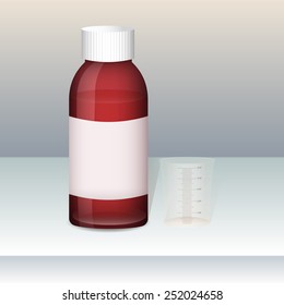 Medicine bottle and beaker set. Vector illustration.