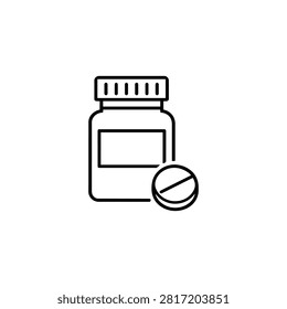 Medicine bottle with blank label and round tablet represents packaged prescription medication and pharmaceutical dispensing