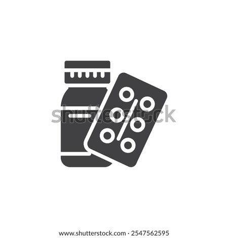 Medicine bottle and blister vector icon. filled flat sign for mobile concept and web design. Pharmacy glyph icon. Health products, pharmacy section symbol, logo illustration. Vector graphics