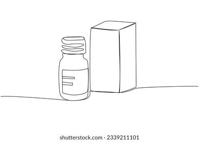 Medicina en una botella y caja, aceite, tintura, polvo, tabletas de una línea de arte. Dibujo continuo de línea de farmacia, atención de salud, gota, terapia, medicina, limpio, farmacéutico, médico, medicación.