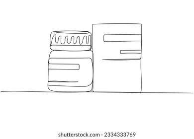 Medicine in a bottle and box, ointment, gel, cream, suspension, powder, tablets one line art. Continuous line drawing of pharmacy, healthcare, therapy, medicine, pharmaceutical, medical, medication.