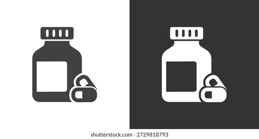Icono de botella y cápsulas de medicina. Icono de la serie de glifos sólidos