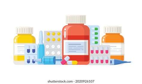 Medicine bottle, capsules and tablets, coronavirus vaccine, syringe with needle. Immunization concept. Pharmaceutical drug set.