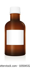 Medicine bottle. Dark brown glass vial with blank label and closed white plastic screw cap - isolated vector illustration on white background.