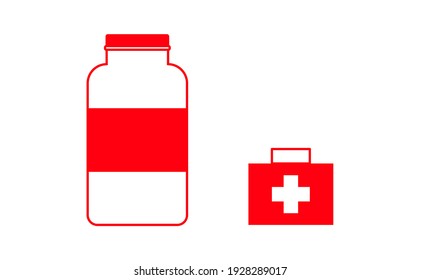 Botella de medicina e icono de diseño plano de primeros auxilios. Ilustración vectorial.
