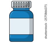 Medicine bottle flat icon vector illustration, medication and medicaments treatment clip art, tablets and vitamins bottle clipart, blue medicine pills glass jar