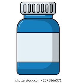 Medicine bottle flat icon vector illustration, medication and medicaments treatment clip art, tablets and vitamins bottle clipart, blue medicine pills glass jar