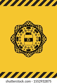 medicine bottle icon black grunge emblem, yellow warning sign. Vector Illustration. Detailed.
