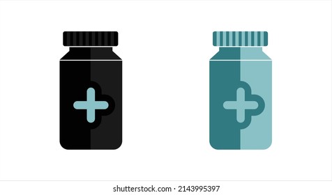 Arzneimittel-Flasche-Symbol. Kapsel, Tablette, Impfstoffflasche, Vektorsymbol.