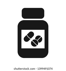 Medicine bottle icon with capsule and tablets