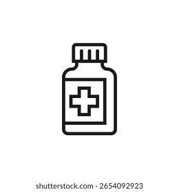 Medizinflaschensymbol mit Kreuz. Vektorkonturgrafik.