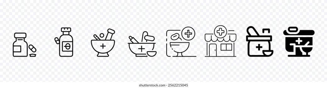 Medicine bottle icon, Drugstore. Medicine bottle and pills. Medication and pill outline icon