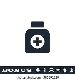 Medicine bottle icon flat. Black pictogram on white background. Vector illustration symbol and bonus button