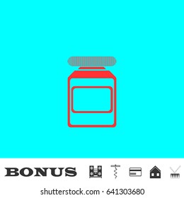 Medicine bottle icon flat. Red pictogram on blue background. Vector illustration symbol and bonus buttons Music center, corkscrew, credit card, house, drum
