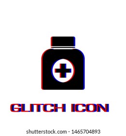 Medicine bottle icon flat. Simple pictogram - Glitch effect. Vector illustration symbol