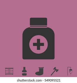 Medicine bottle icon flat. Simple vector grey pictogram and bonus symbol