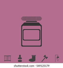 Medicine bottle icon flat. Simple vector grey pictogram and bonus symbol